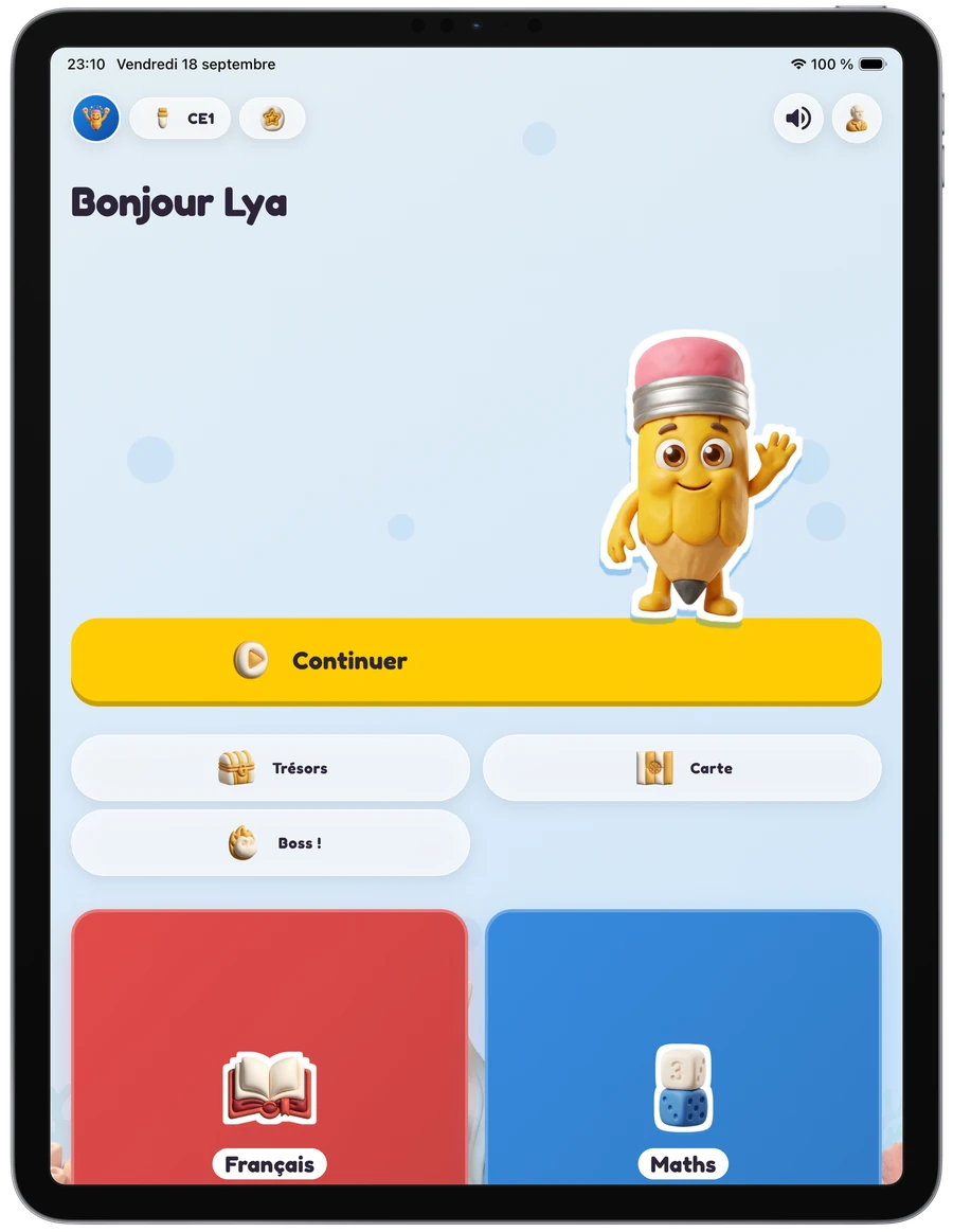 Accueil de Crayon Futé sur iPad : « Bonjour Lya », le bouton Continuer et les tuiles Français et Maths