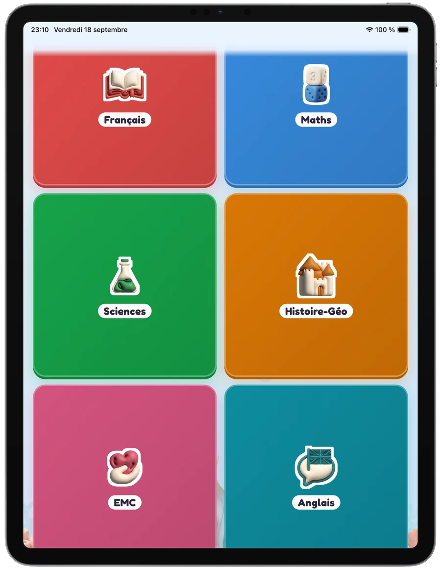 Les six tuiles matière de l’accueil sur iPad : Français, Maths, Sciences, Histoire-Géo, EMC, Anglais