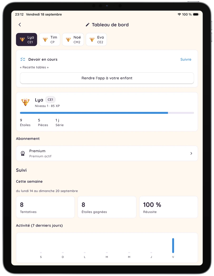 Tableau de bord parent sur iPad : un onglet par enfant, devoir en cours, étoiles, pièces, série et activité de la semaine