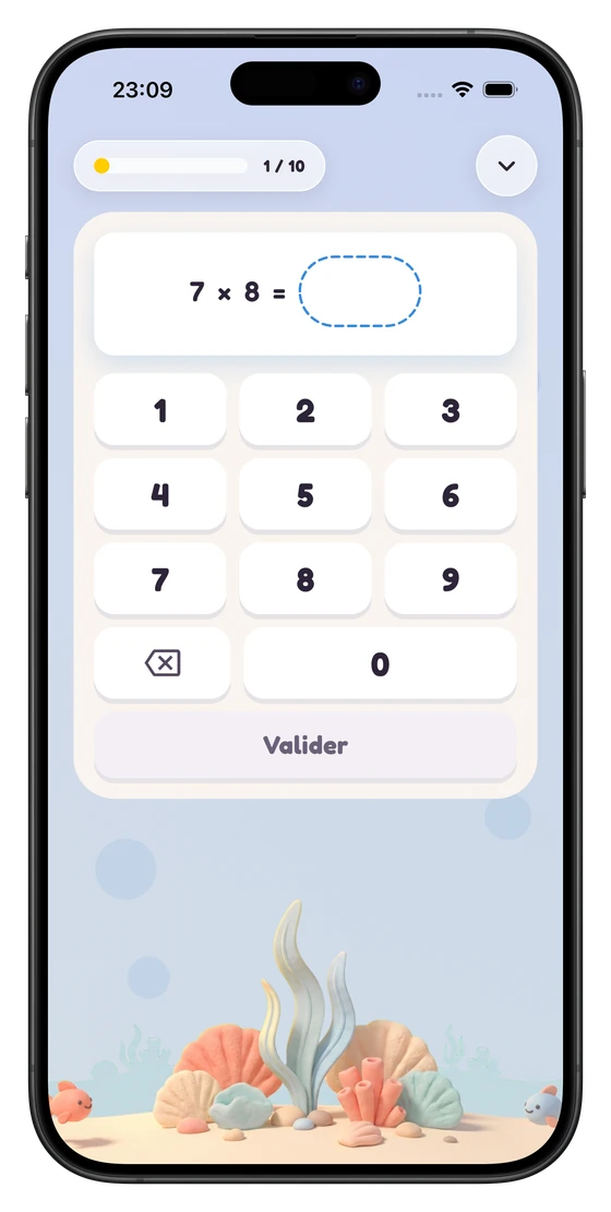 Exercice de calcul sur iPhone : 7 × 8, avec un pavé numérique à grosses touches