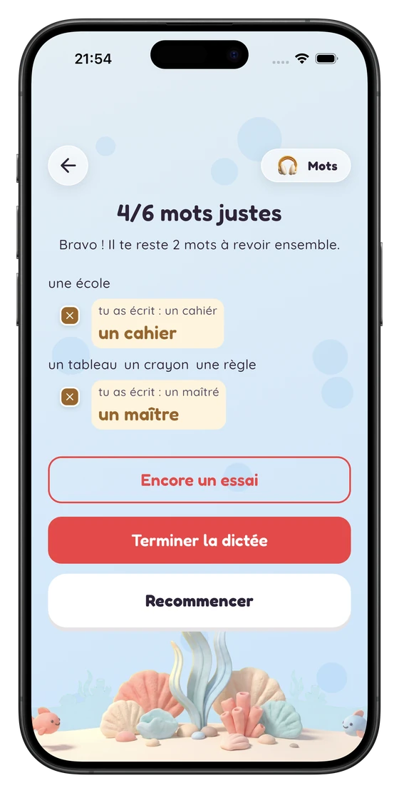 Correction d’une dictée sur iPhone : 4 mots justes sur 6, les deux autres revus ensemble