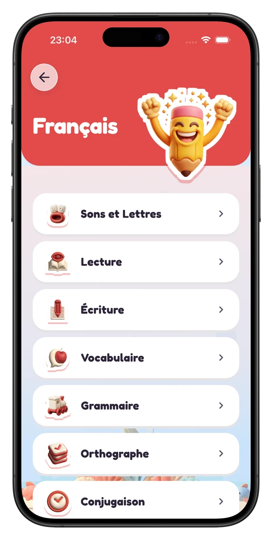 Les domaines du français sur iPhone : sons et lettres, lecture, écriture, vocabulaire, grammaire