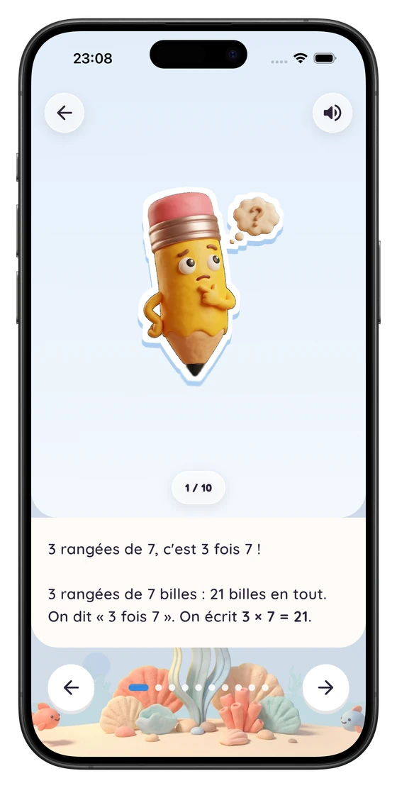 Leçon sur iPhone : la mascotte explique que 3 rangées de 7, c’est 3 fois 7