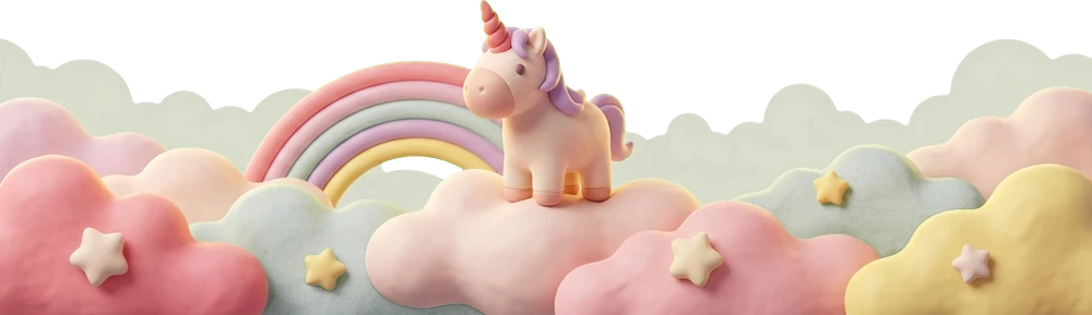 Univers Licorne : une licorne sur un nuage, sous un arc-en-ciel